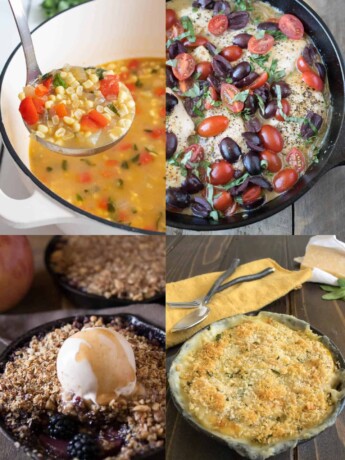 A collage of corn soup, chicken with tomato and olives, apple and blackberry crumble and a butternut squash gratin