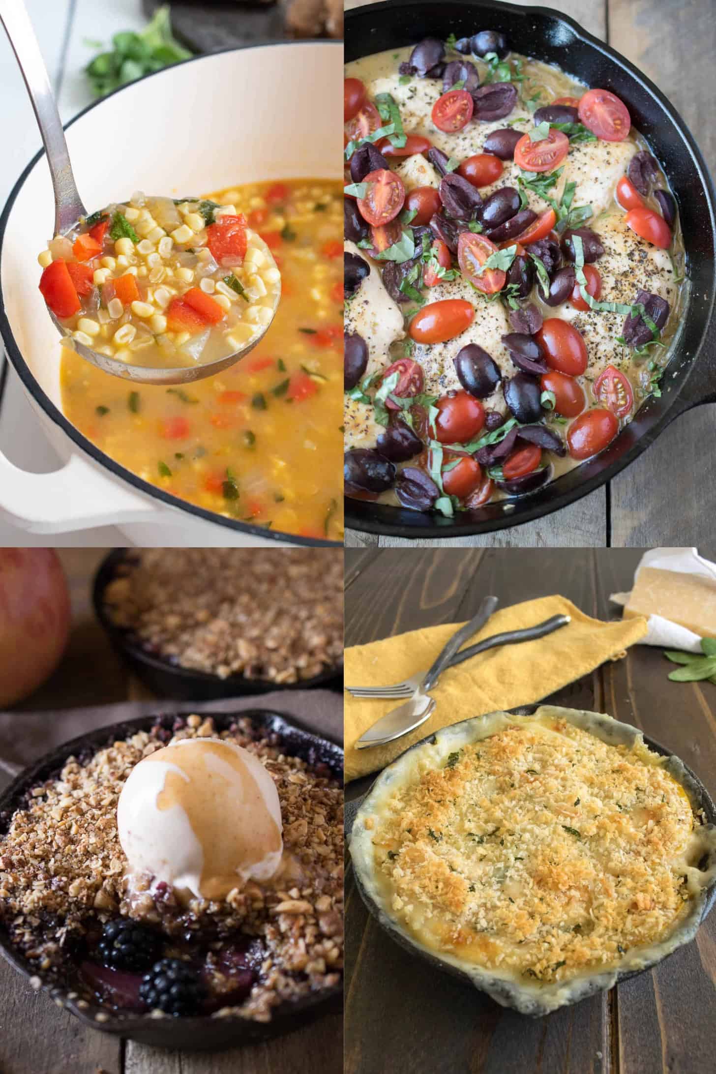 A collage of corn soup, chicken with tomato and olives, apple and blackberry crumble and a butternut squash gratin