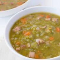 Ham & split pea soup recipe in a white bowl