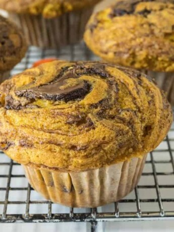 A closeup of a pumpkin muffin showing the nutella swirl