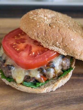 A closeup showing the melted cheese and tomato on a wheat bun