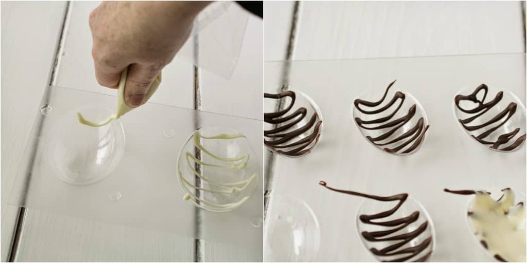 Drizzling chocolate into plastic chocolate egg moulds