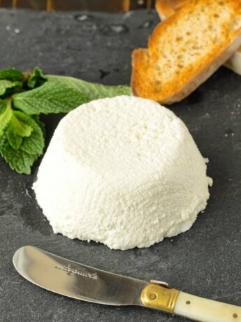 Ricotta with a knife, fresh mint and bread