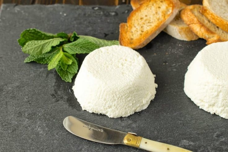 Ricotta with a knife, fresh mint and bread
