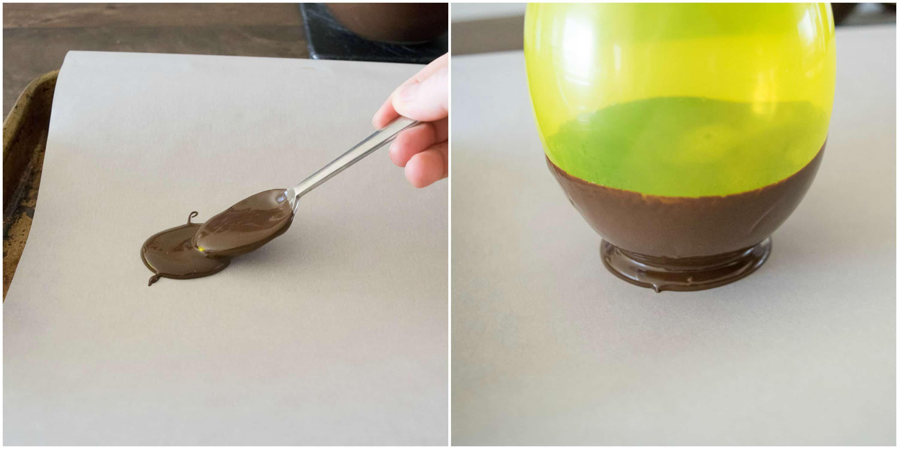 Melted chocolate is placed in parchment paper to act as a stand for the chocolate bowl