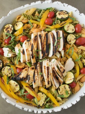 Pasta, grilled chicken and vegetables in a white bowl