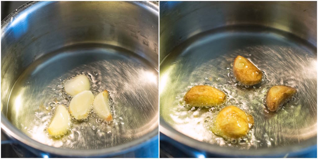 4 garlic cloves cooking in oil