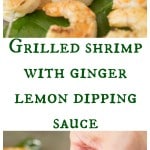 Grilled shrimp on skewers and dipping into ginger lemon sauce