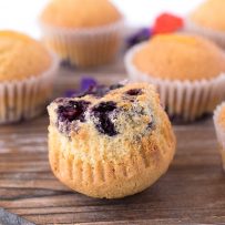 A muffin turned upside down showing the blueberries on the bottom