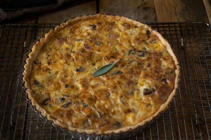 Autumn harvest quiche - Buttery, flaky crust with a mushroom, bacon, butternut squash, leek and sage filling.