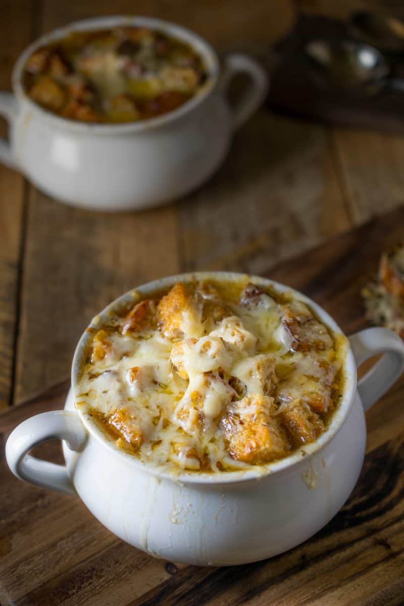 French onion soup - A rich, sweet, flavorful onion laden soup with floating croutons and lots of melted gruyere cheese.