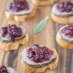 Toasted baguette slices topped with roast pork and cranberry sauce
