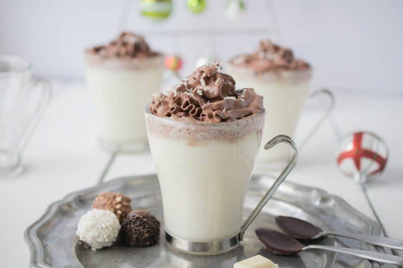 White hot chocolate with dark chocolate whipped cream. It's a chocolate-fest that is a warm and comforting drink and will satisfy all chocolate lovers.