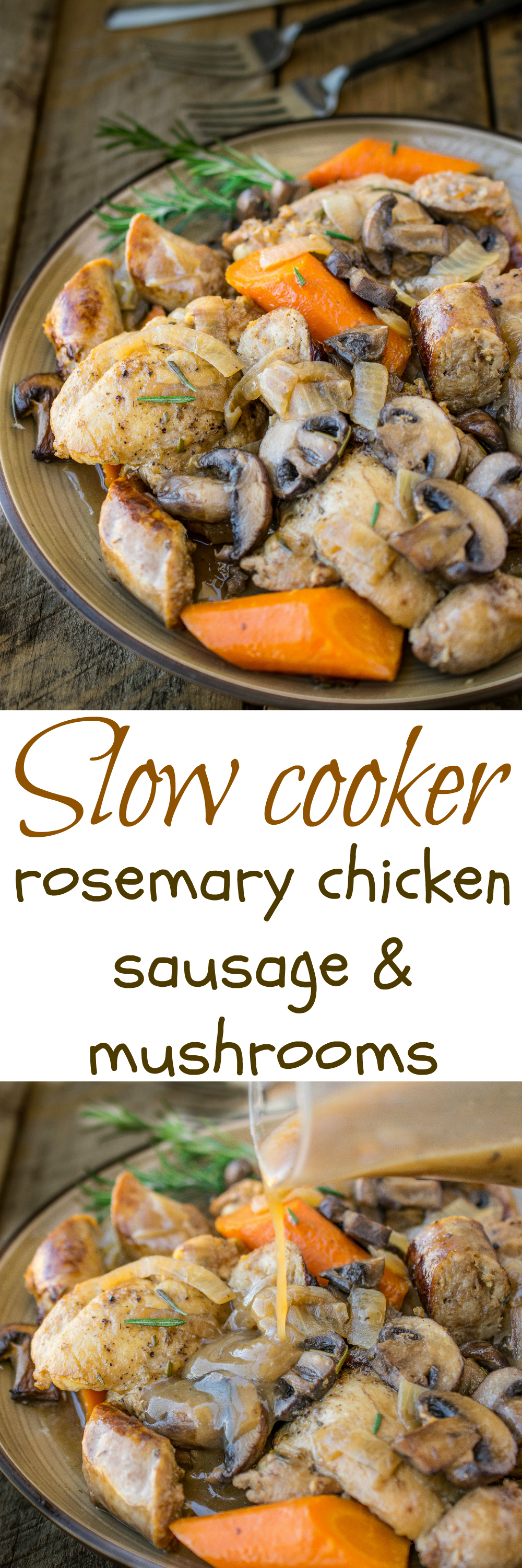 Slow cooker rosemary chicken, sausage & mushrooms - An easy weeknight, or weekend comfort food dinner, all it needs is mashed potato.