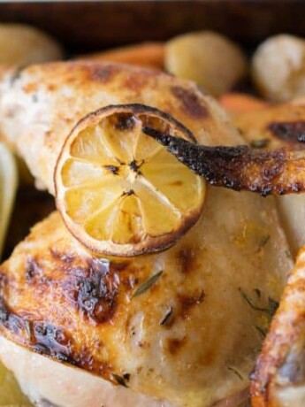 A closeup showing the crispy skin and lemon slice