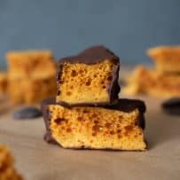 2 pieces of 3 Ingredient Cinder Honeycomb Toffee coated in chocolate