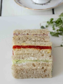 Ham, smoked salmon and cucumber tea sandwiches cut into rectangles