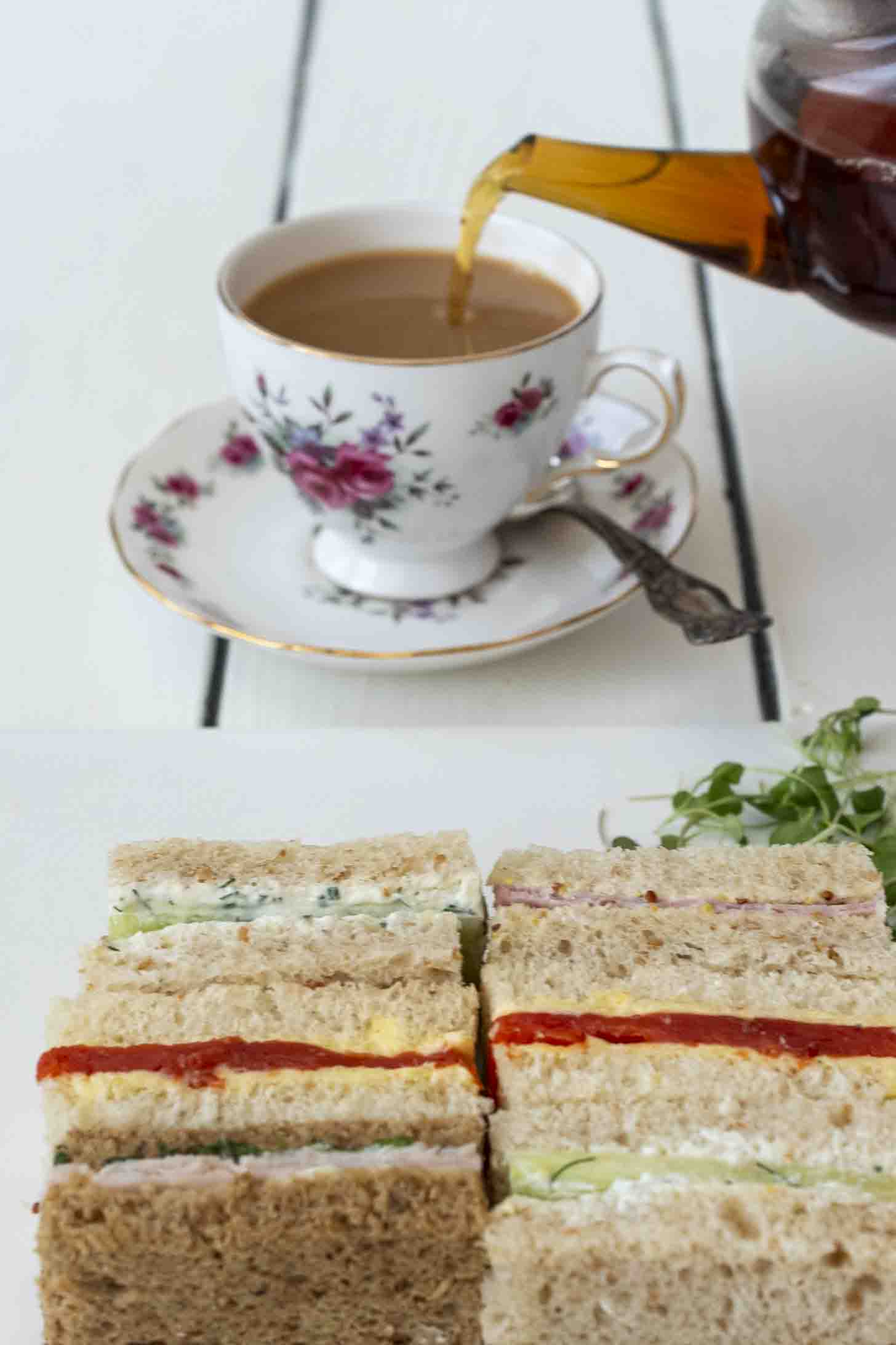 Pouring tea into a china cup with small sandwiches in the foreground