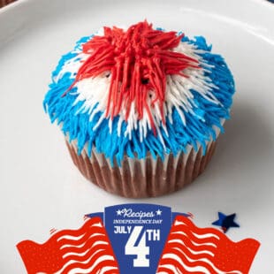 A red velvet cupcake with red white and blue frosting