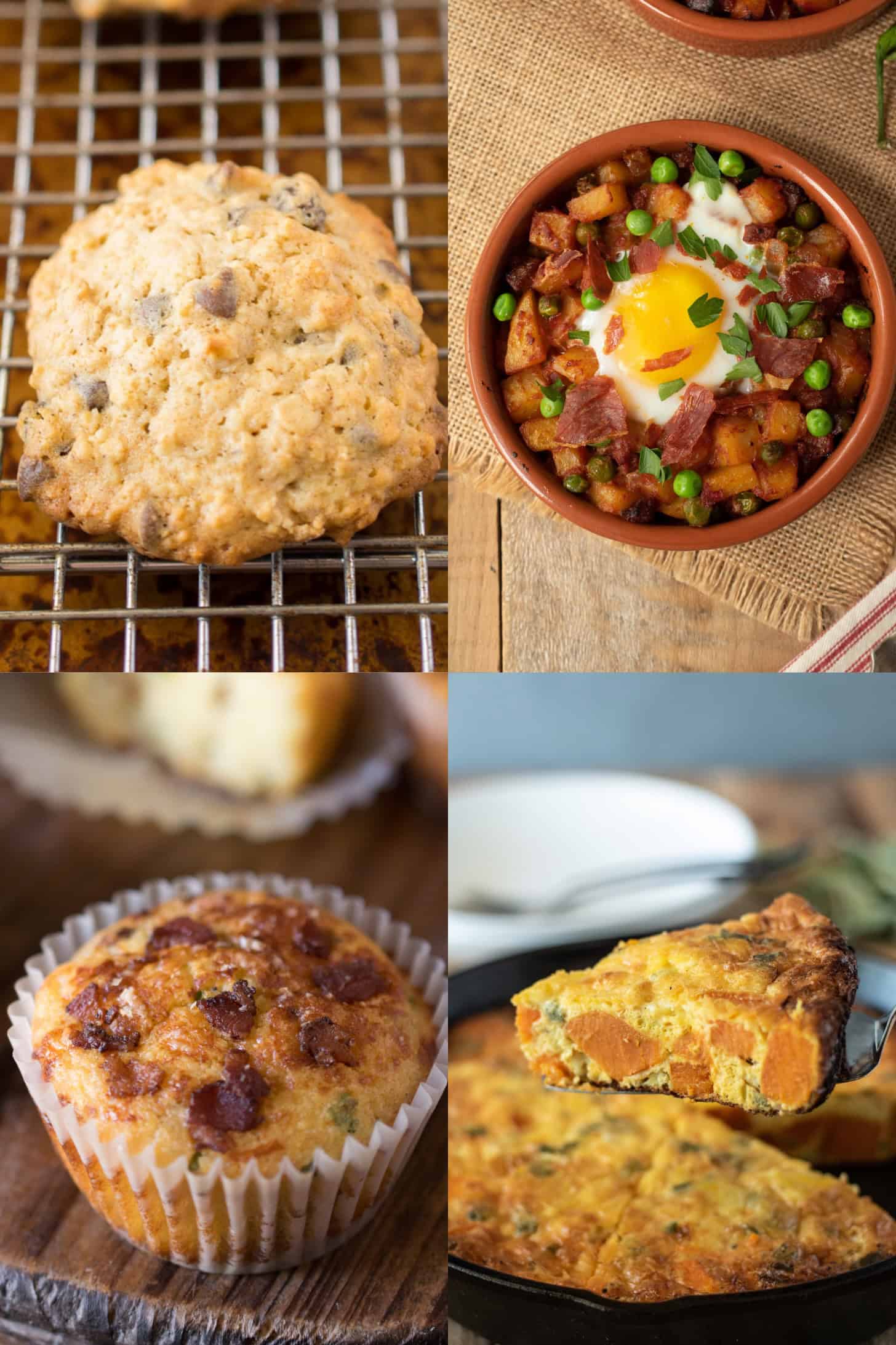 An oatmeal cooke, Spanish eggs, bacon corn mufin and frittata. A 5-Day Back-to-School Breakfast Plan for Busy Mornings
