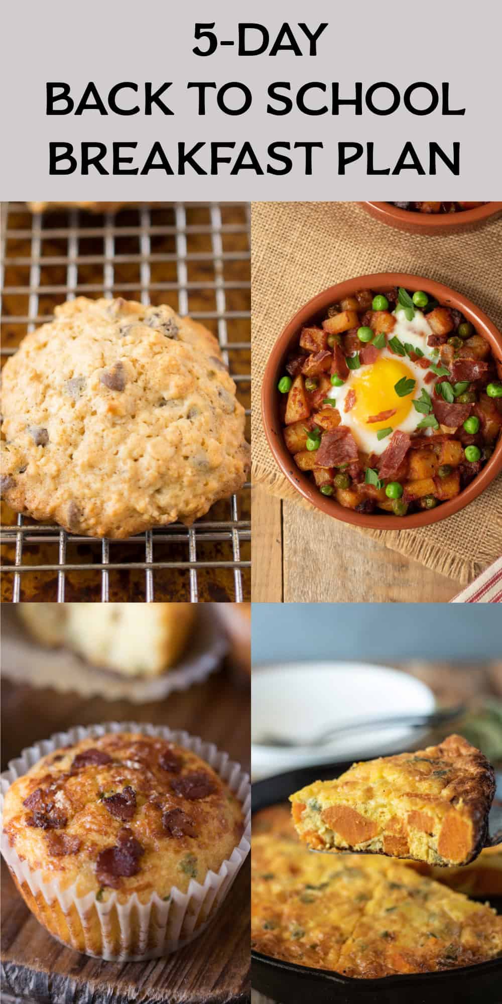 5 days of easy school breakfasts like oatmeal cookies, Huevos a la flamenca, muffins and frittata