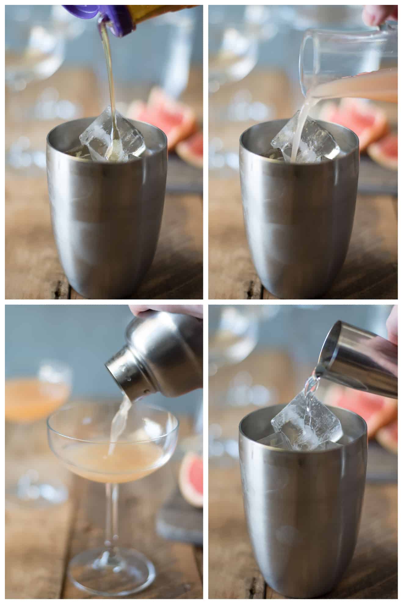 The stages of mixing the cocktail. Pouring the ingredients