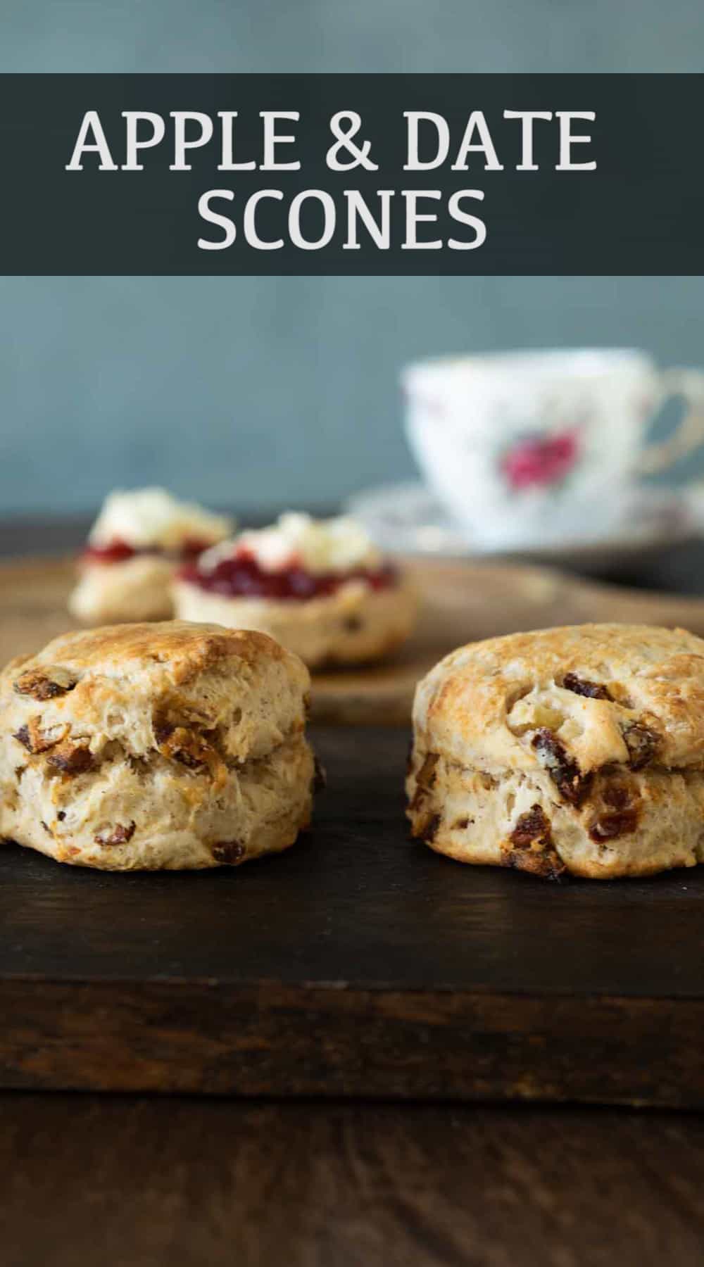 Round apple and date scones on a board