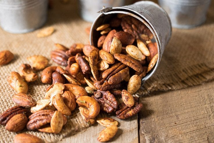 A closeup showing all the different mixed nuts