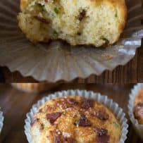 Half of a muffin showing the fluffy inside with bacon pieces