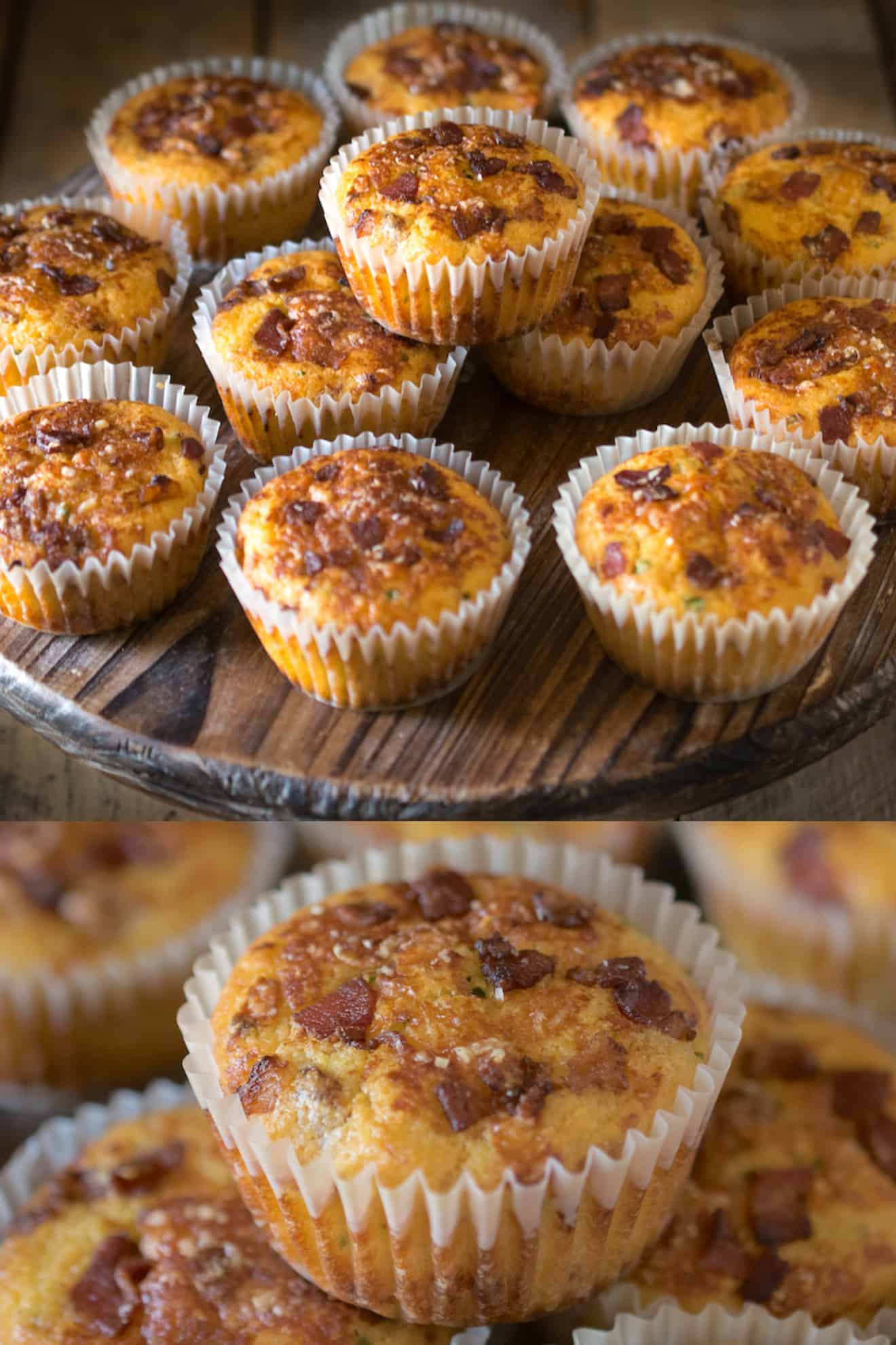 Muffins stacked on a serving board and a closeup