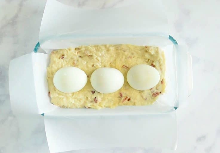 Mix in a glass loaf pan with 3 hard boiled eggs