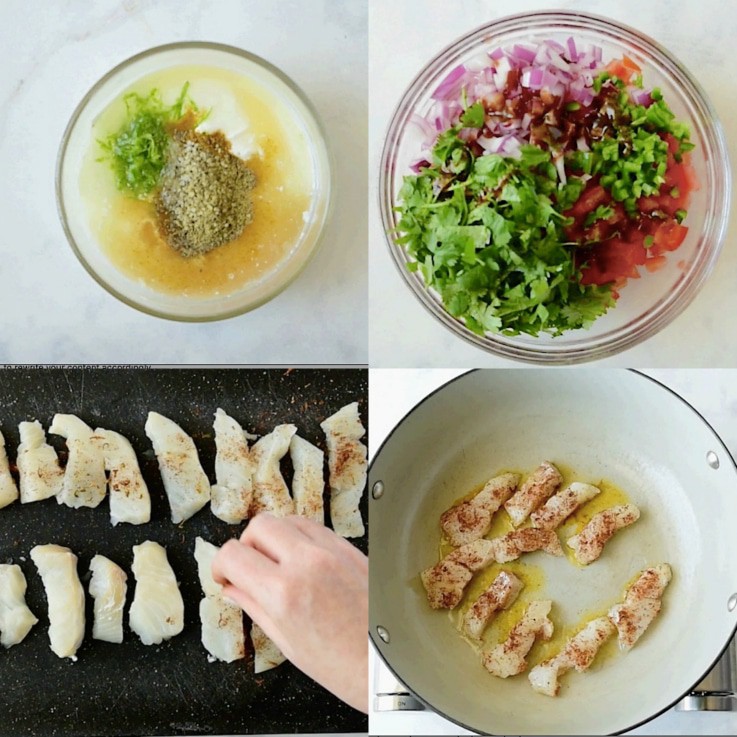 A collage showing the step by step preparation of Baja style fish tacos