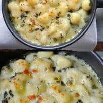 Baked gnocchi from overhead and a closeup showing the flecks of fresh sage