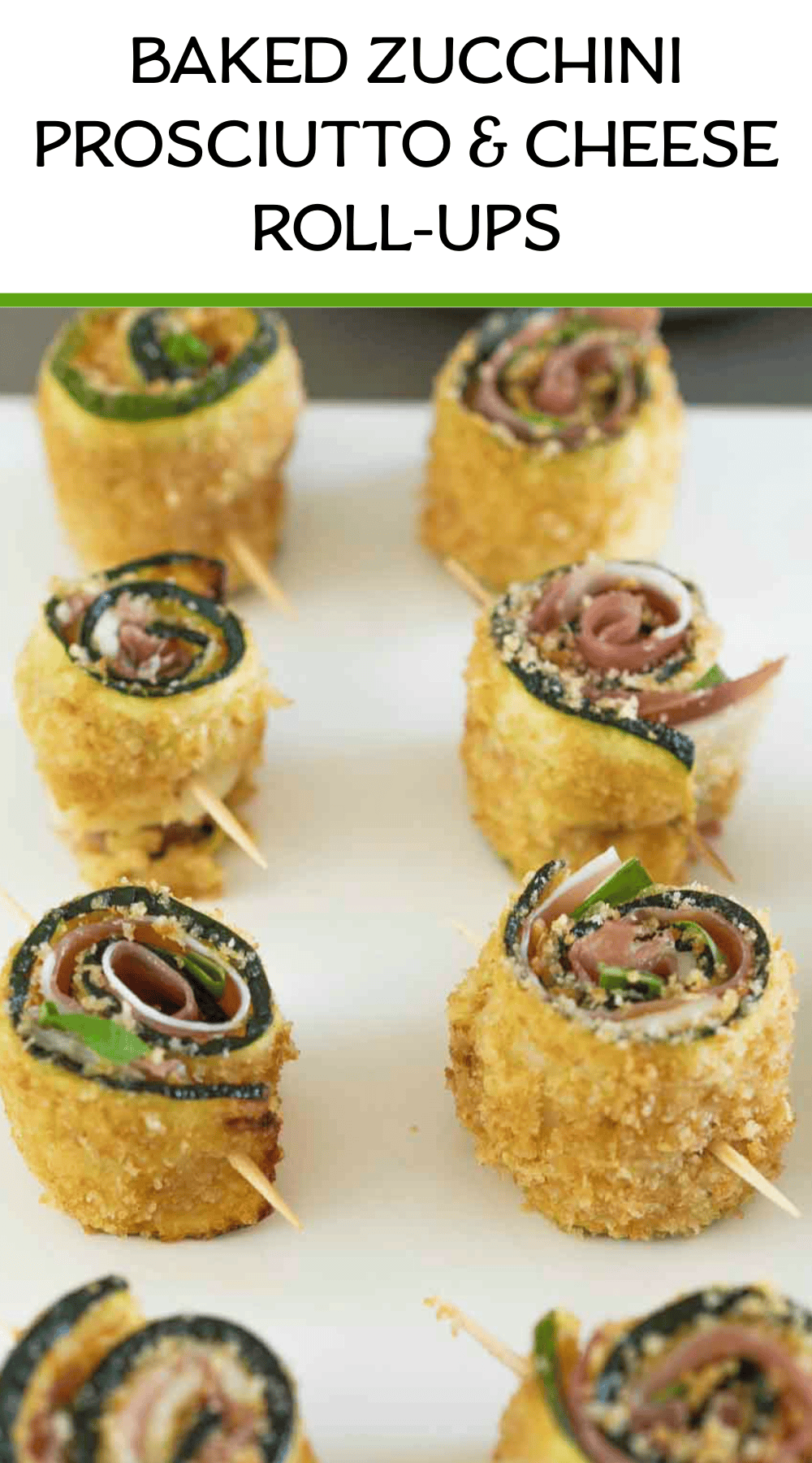 A closeup of breaded zucchini rolled up and secured with toothpicks