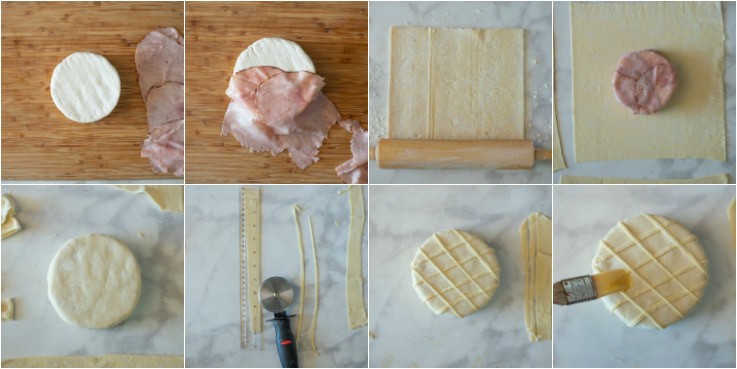 A collage of images showing the steps to making Baked brie and Black Forest ham in puff pastry
