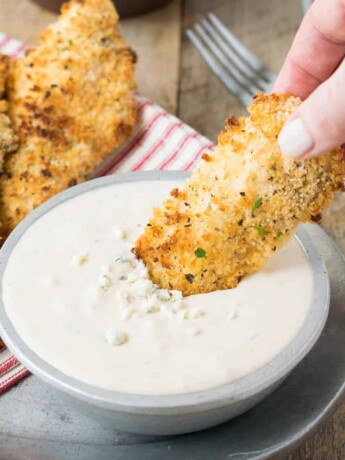 A crispy Panko breaded chicken tender served with a spicy blue cheese sauce