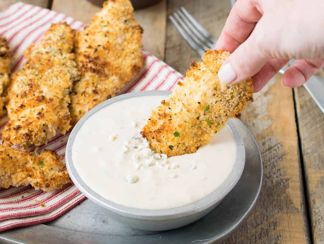 A crispy Panko breaded chicken tender served with a spicy blue cheese sauce