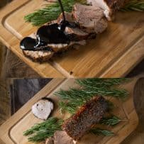 Roasted pork tenderloin viewed from overhead on a cutting board and pouring balsamic glaze