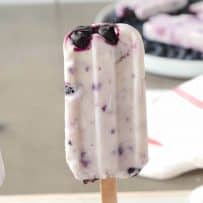 1 popsicle standing upright with real blueberries showing through