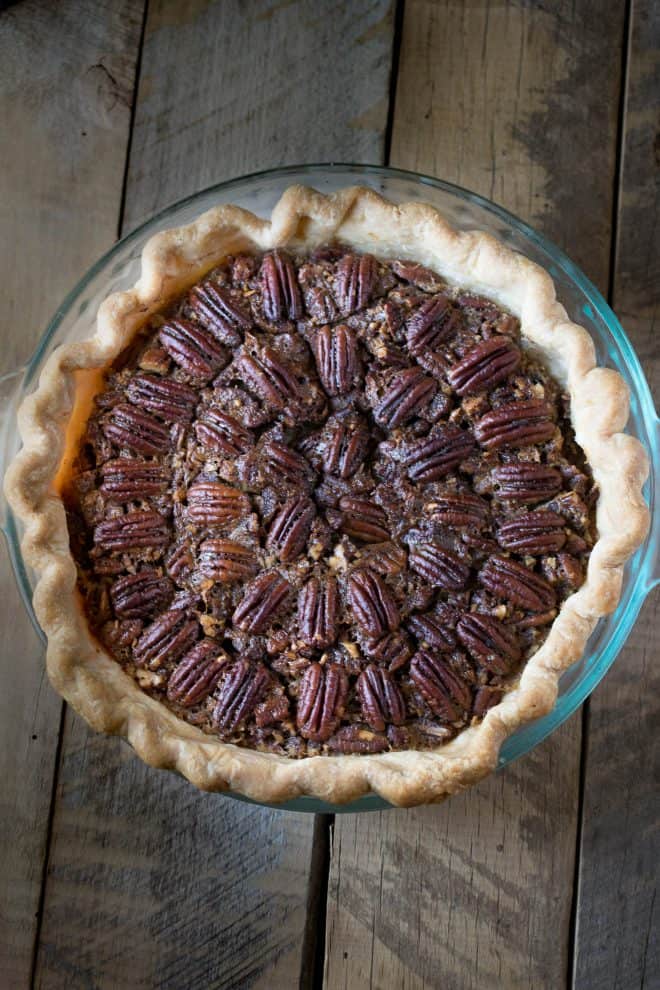 Bourbon Pecan Pie from above showing the decorative pattern of the pecans on top