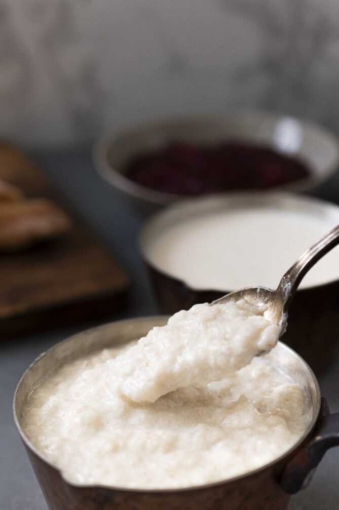 A spoonful of chunky bread sauce