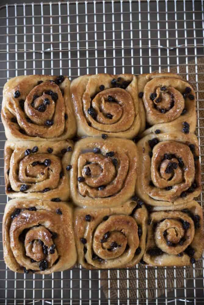 Chelsea buns on a cooling rack