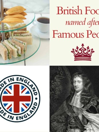 A collage of a Made in England sign, an old painting and afternoon tea sandwiches