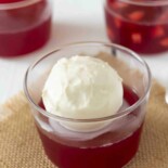 A glass bowl of red jelly/jello topped with a round scoop of vanilla ice cream.