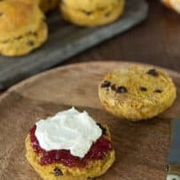 Pumpkin scone served with jam and cream