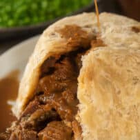 Flaky suet pastry filled with steak and kidney in a Guinness gravy