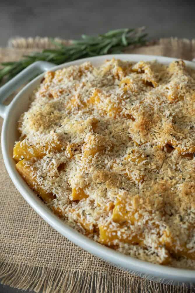 A closeup of crispy breadcrumbs on top of baked pasta
