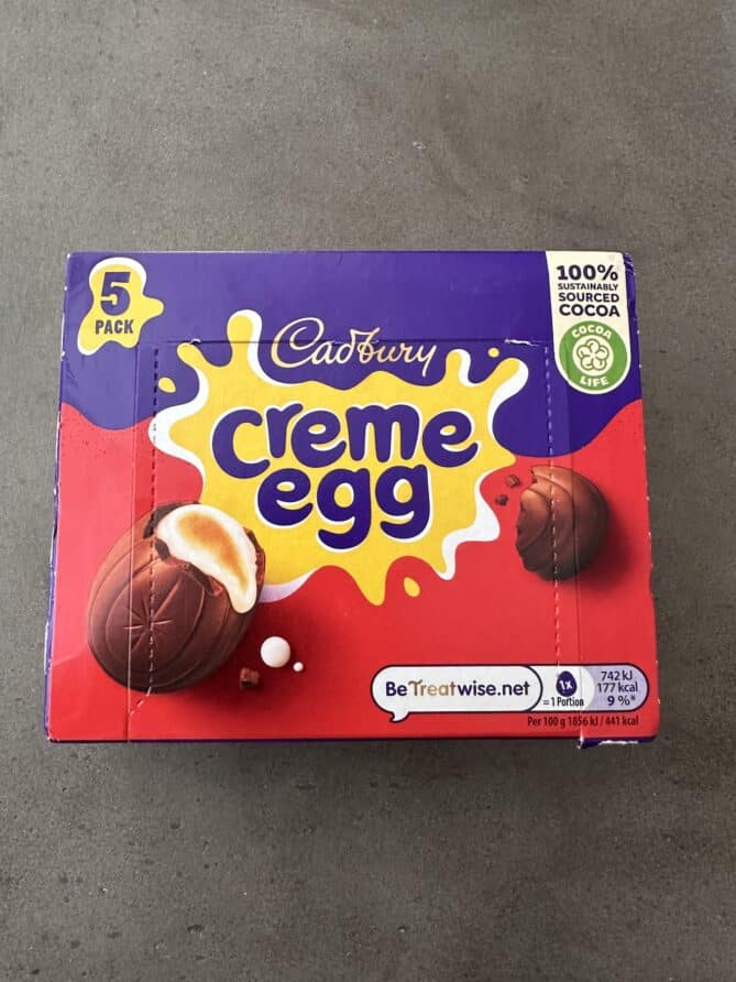 A box of Cadbury creme eggs
