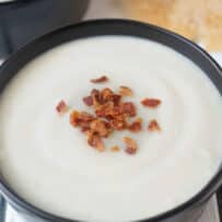 A closeup of blended cauliflower soup with fennel