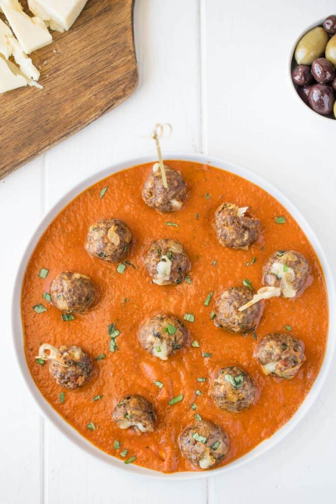 A platter of meatballs viewed from above